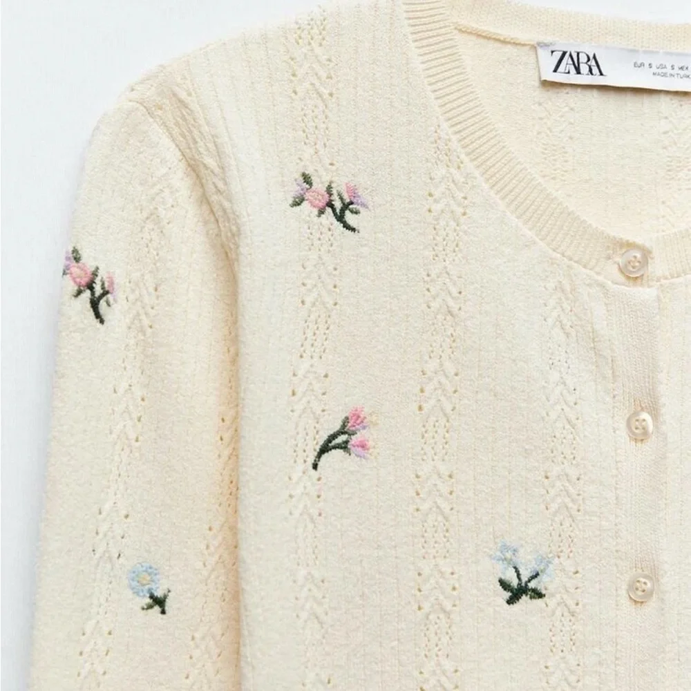 Zara Floral Embroidered Pointelle Knit Cardigan in Butter Yellow - Picture 3 of 10